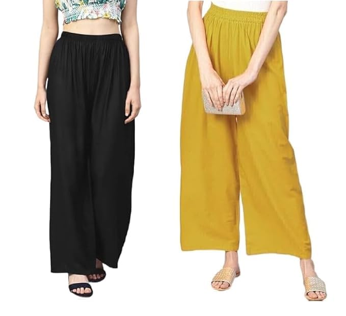 Image of Women's Solid Viscose Rayon Palazzo Pants | Wide Leg Loose Fit Trousers | Office, Casual Ethnic Bottom Wear | Combo Pack of 2