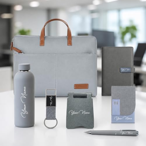 Image of Giftana 7 in 1 Laptop Bag with Personalized Diary & Pen, Keychain, Card Holder, Mobile Stand, Bottle 500ml, Customized Gift for Husband, Employee Welcome Kit, Corporate Gift for Employees (Grey)