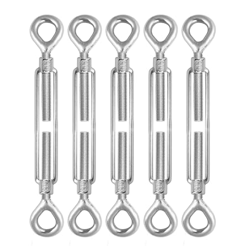 Twours 5 Pack Eye & Eye Turnbuckle 304 Stainless Steel Tension M5 Heavy Duty Turnbuckles Adjustable Wire Rope Cable Tensioner for Shade Sail Garden