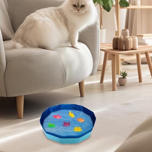 Katzen Pool 30x10cm, Faltbare Katzenpool mit 6 Fischen, Mini Pool für Katzen Hunde, Swimmingpool Welpe, Planschbecken für Katze Hundebadewanne, Minipool Hund für Sommer (A)