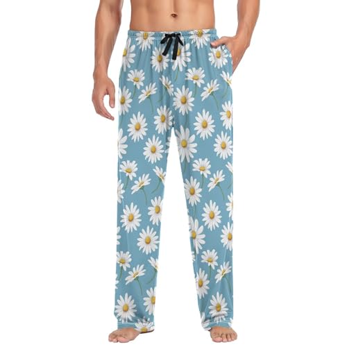 Mens Pajama Pants Daisy Flower Blue Soft Lounge Sleep Pj Bottoms with Drawstring Pockets