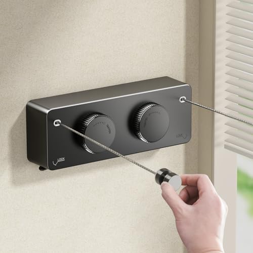 Image of MUSTORN Retractable Twin Clothesline Indoor, Non-Sagging Outdoor Clothes Line Retracting Heavy Duty Clothes Drying Laundry Line Wall Mounted Stainless Steel Line-13.8Feets(Double Line-Black)