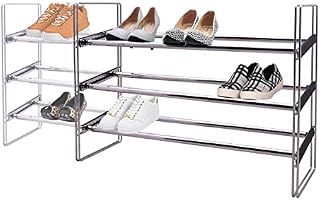 Knight 3 Tier Heavy Duty Shoe Rack, Extendable 64.5cm to 118.5cm, Chrome Finish, Holds up to 18 Pairs of Shoes