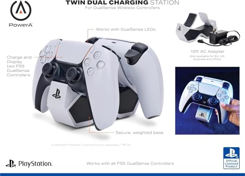 Image of PowerA Twin Charging Station for PS5 DualSense and DualSense Edge Wireless Controllers, AC Adaptor Included, with LED Indicator, Vertical Dual Controller Fast Charging Dock (Officially Licensed)