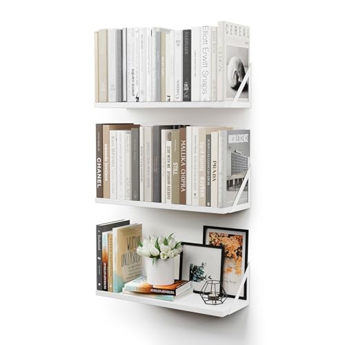 CASSA TOKO Wall Mounted Floating Book Shelves for Wall Set of 3 Shelf Bookshelf for Bedroom Living Room Office Bathroom Kitchen Rustic Wood with Metal Bracket (White)