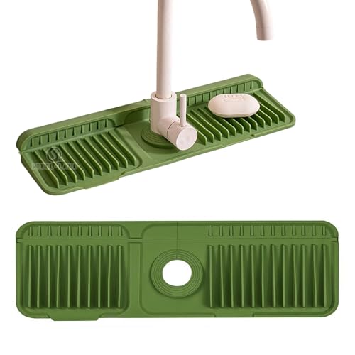 STEEL-LAND 蛇口水切りマット 固定バックル付き シリコン製 抗菌 速乾 滑り止め 45×14cm 傾斜設計排水 洗える キッチン 洗面台 バスルーム シンク周り 水汚れ防止 スプラッシュガード (グリーン) [並行輸入品]