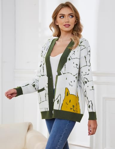 Image of Gihuo Women Cat Sweater Oversized Cute Kawaii Cardigan Knit Graphic V Neck Loose Fit Long Sleeve Cardigan Coat