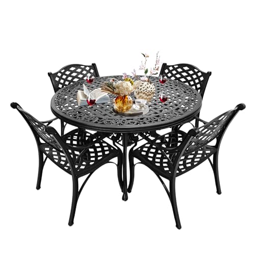 Image of 48 Inch Outdoor Dining Table Round Patio Bistro Table Powder-Coated Cast Aluminum Frame Patio Dining Table Garden Table with Umbrella Hole (Black)