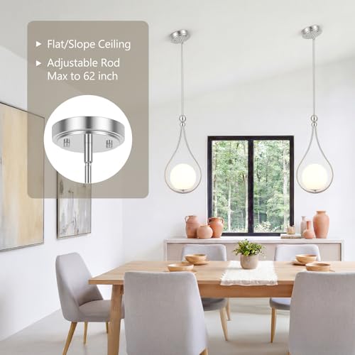 Image of Nickel Pendant Lights Kitchen Island with Milky White Globe Glass, 3 Pack | Mid Century Adjustable Hanging Pendant Light Fixtures