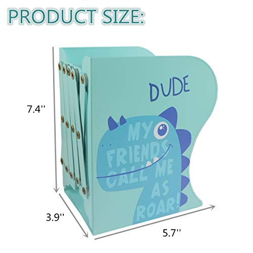 Citmage Adjustable Bookend Metal Dinosaur Pattern Bookends Non-Skid Heavy Duty Book Holder Stand Hold Books,Magazines,Cookbooks(5.7''x3.9''x7.4'')(Blue)