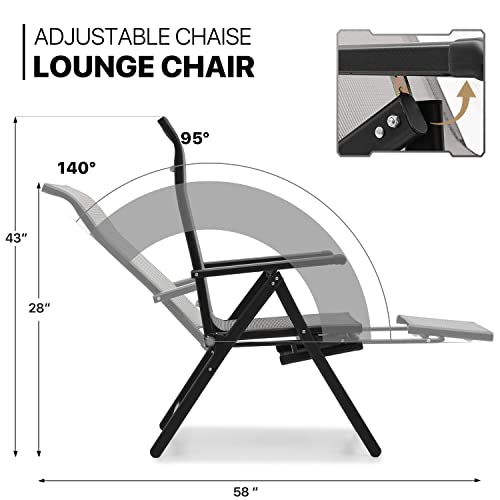 Monibloom A15-LC-008-2P-GY 3 In 1 Lounge Chair Set Of 2 Patio Folding Lawn Lounge Chairs Outdoor Lounge High Back Chair Camp Reclining Lounge Chair thumb #5