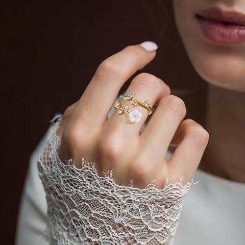 Gold Birthstone Rings for Women Non Tarnish Fashion Stackable Dainty 14KGold PlatedSilver/Rose Adjustable Emerald Green Ring Cubic Zirconia Gemstone Cute Pearl Shell Flower Promise Ring Engagement Birthday Gifts — view 4