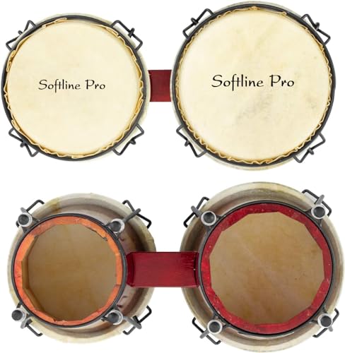 Image of Softline Pro Bongo Drum Set with Tuning Wrench & Padded Professional Wooden Percussion Instrument for Beginner Adults Kids - Natural Skin (Red)