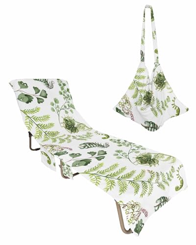 Green Botanical Beach Lounge Chair Towel Cover, Soft Chaise Lounge Towel with Side Pockets Patio Pool Chairs Cover for Beach/Pool Sunbathing 29x85 Summer Pastoral Plants Watercolor