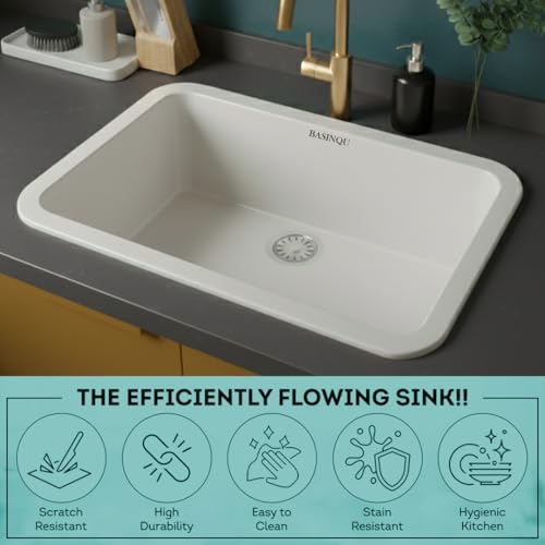 Image of BASINQU Quartz Sink for Kitchen | 24x18x9 Inches White Single Bowl Sink For Kitchen Basin Round Corner Kitchen Sink | Granite UV Protected Scratch Resistant, Undermount /Topmount Kitchen Sinks