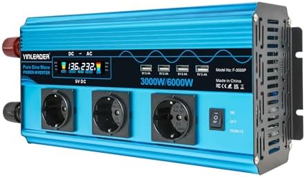 Inverter 3000 W / 6000 W Voltage Converter Pure Sine Wave 12 V 230 V with 3 European Sockets and 4 USB Ports LCD Voltage Display
