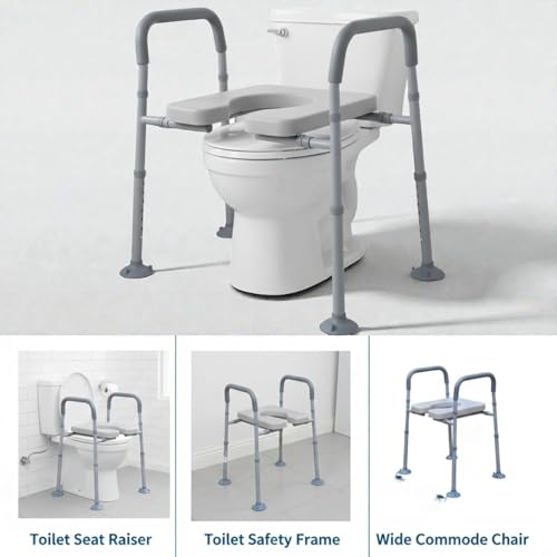 Image of VEAYVA SafeSeat 3-in-1 Raised Toilet Seat, Portable Commode Chair & Toilet Safety Rails for Elderly and Disabled | Height Adjustable, Soft Cushioned Seat, Suction Vacuum Legs, Heavy Duty Bathroom Safety Aid
