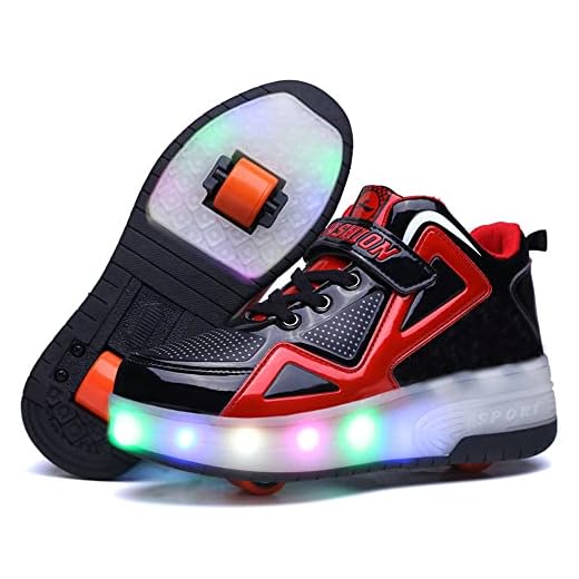Uforme Kids Boys Girls High-Top Shoes LED Light Up Sneakers Single Wheel Double Wheel Roller Skate Shoes (6.5 M US=CN40, Black/Red-Double Wheel)