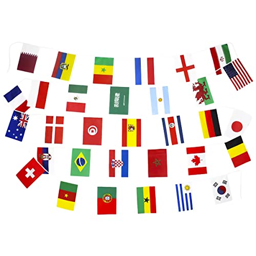 Banderole de fanions de la Coupe du monde 2022, 10 m en tissu imprimé double face, 32 drapeaux de l'équipe de football pour décoration de fête du Qatar pour jardin, bar, restaurant(21 x 14 cm) Cover