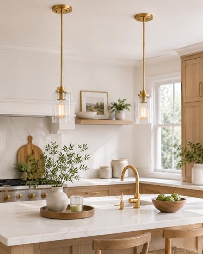 Image of Brass Pendant Lights Kitchen Island 2 Pack, Farmhouse Gold Pendant Lighting with Clear Glass Shade, Mini Hanging Light Fixture for Kitchen Sink Dining, AD-22281-1P2-GD-C