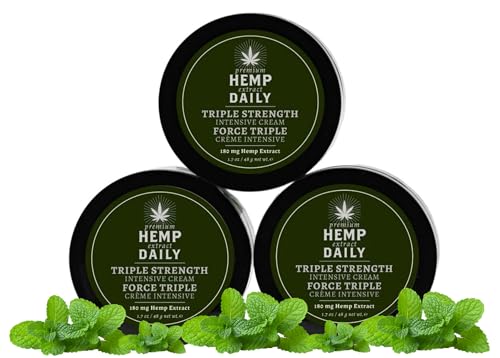 Premium Hemp Daily Triple Intensive Cream - Muscle, Knee, Joint, Back, Neck and Shoulder Topical Rub - Organic | 1.7 Ounces (Original Mint, Pack of 3)