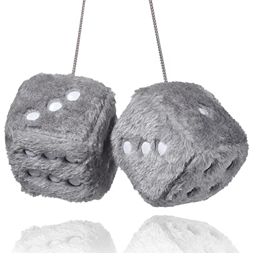 Image of 2.95'' Retro Fuzzy Plush Dice Car Charm Square Plush Dice Car Rear View Mirror Hanging Ornament Car Mirror Hanging Accessories, Gray