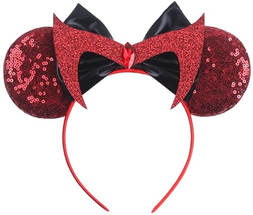 Image of CLGIFT Costume Headwear, Minnie Ears, Burgundy, Handmade Evil Witch Minnie Ears with Red Sparkle and Sequin (Wanda)