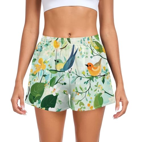 EtherSpher Spring Pear Blossom Birds Green Womens Athletic Shorts Ouick Dry Girls Soccer Shorts for Running Yoga Sports Beach Shorts para Mujer L