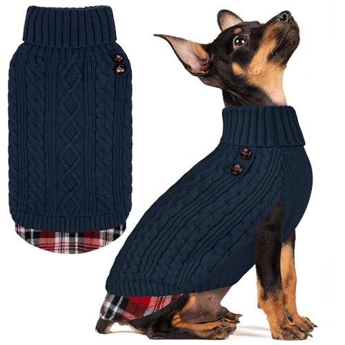 Image of KYEESE Dog Sweater for Small Dogs Turtleneck Thick Knit Pullover | Stretchy Fit, Lightweight & Warm, Cozy Knit Comfort, Classic Plaid Design, Gentle on Sensitive Skin, Winter Daily Wear