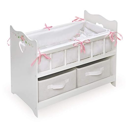 White Rose Doll Crib with Bedding, 2 Baskets, and Free Personalization Kit (fits American Girl Dolls)