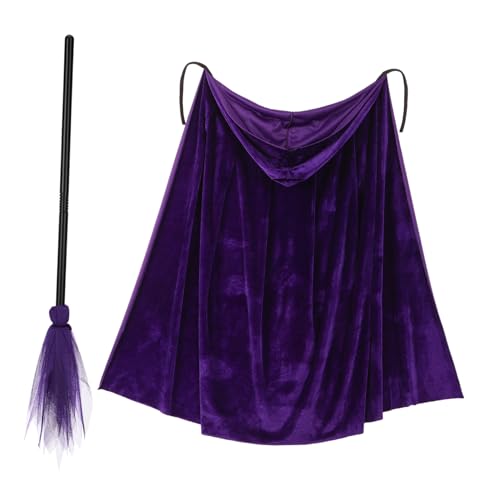 minkissy Cape de à Capuche Violette Velours avec Balai pour Déguisement Halloween Fille et Cosplay Fête