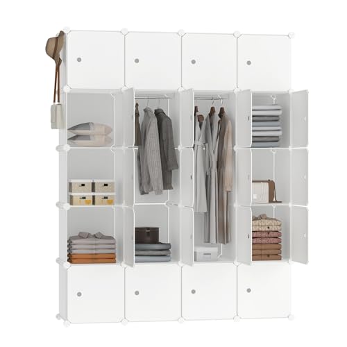 FIVMEN Armario blanco con sistema de estanterías con 20 cubos, armario de plástico con puerta, sistema de estantería, 145 cm de ancho