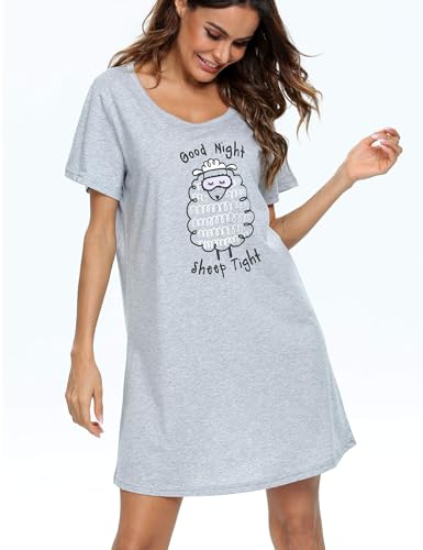 Image of ENJOYNIGHT Womens Cotton Nightgown Short Sleeve Sleepshirt Print Nightshirt | Short-Sleeve Crew Neck, Soft Cotton Fabric, Cartoon Printed Sleep Shirt, Loose Fit