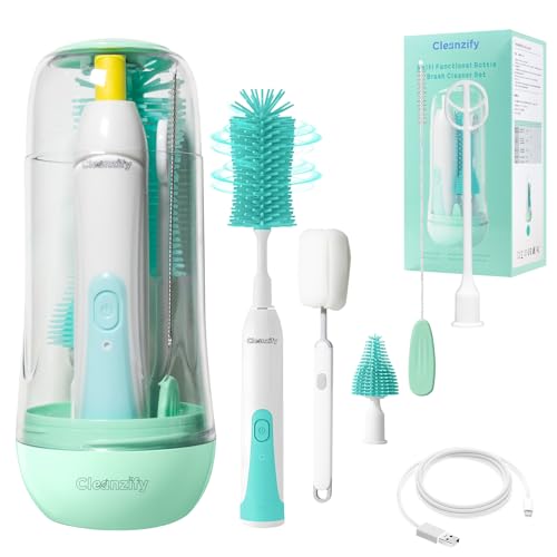 Image of CLEANZIFY Electric Bottle Cleaner, Rechargeable Baby Bottle Cleaner Set for Travel, Waterproof with 2 Brush Heads, Straw Brush, Mixing Head, Storage Box
