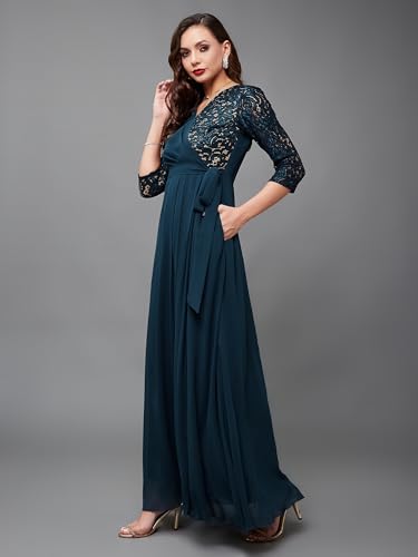 Image of Miss Chase Women's V-Neck Full Sleeve Self Design Lace-Overlaid Georgette Maxi Dress