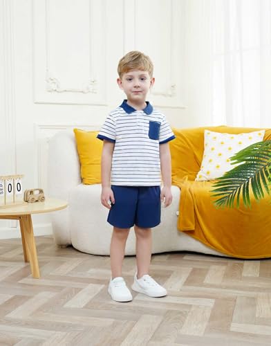 Image of Toddler Kid Boy Clothes Textured Striped Polo Collar Top Summer Shorts 2PC Summer Outfit Set