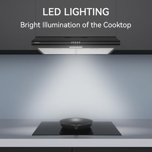 Image of Hermitlux Under Cabinet Range Hood, 30 inch Black Vent Hood With 3 Speed Exhaust Fan, Ducted And Ductless Convertible, LED Bright Light Bulbs and Charcoal Filter
