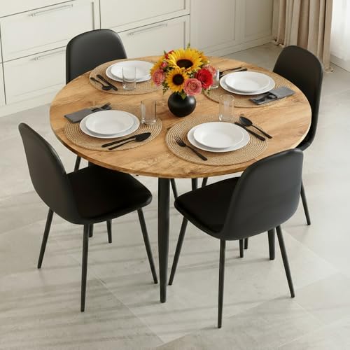 Image of FURNITO Wood Dining Table Set for 4, 42 inch-54 inch Round to Oval Extendable Table with 4 Fabric Chairs, Space-Saving Contemporary Dining Room Set for Small Apartments or Kitchens, Easy Assembly