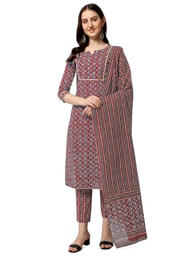 Image of MIRCHI FASHION Pure Cotton Women Straight Embellished Ajrakh Print Kurti Set with Dupatta and Pant