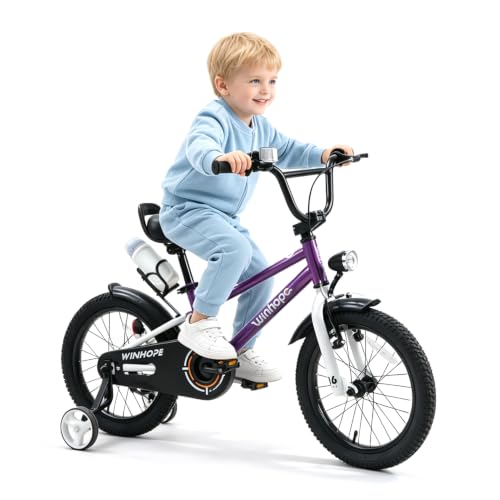 Image of WinHope Kids Bike with Headlight, 12-20 Inch Pedal Bike for 2-12 Boys Girls | Steel Frame with Training Wheels Water Bottle | Dual Brake for Summer Outdoor Riding | Birthday Gift for Toddlers