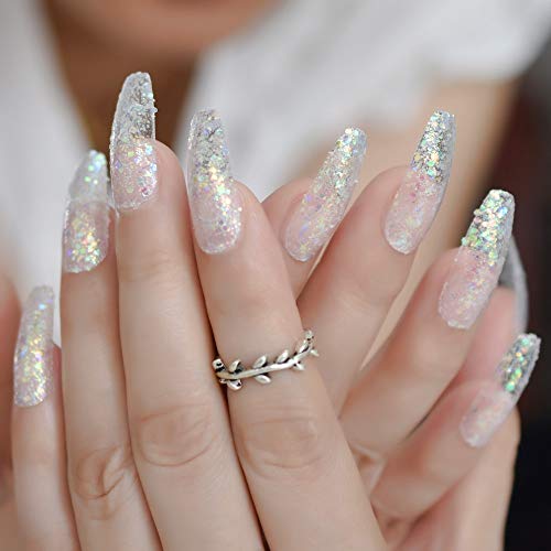 Sparkling Shining Transparent Adult Finger Nail Coffin Sweet Glitter Dreamy Fake Nail Party Princess Long Artificial Nail