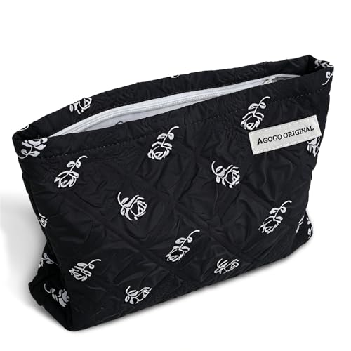 sulanmo Trousse Maquillage en Toile, Trousse de Toillette Femme avec Fermeture éclair, Pochette de Cosmétique Portable pour Voyage, Vacancans, Fitness (Rose Noir)