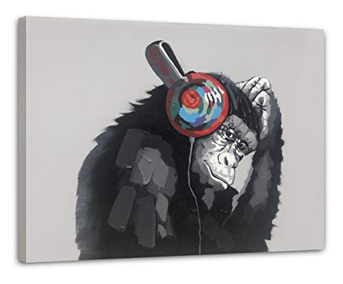 Yihui Arts Handmade Listen Music Funny Animal Monkey with Earphone Canvas Wall Art Paintings with Stretched Ready for Hang