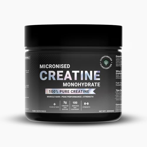 Image of CUREFOREVER Creatine Monohydrate Powder - Unflavoured, 100 Servings, Micronized Pre-Workout Supplement for Muscle Strength, Power, Size, Endurance & Faster Recovery - 300g Pack