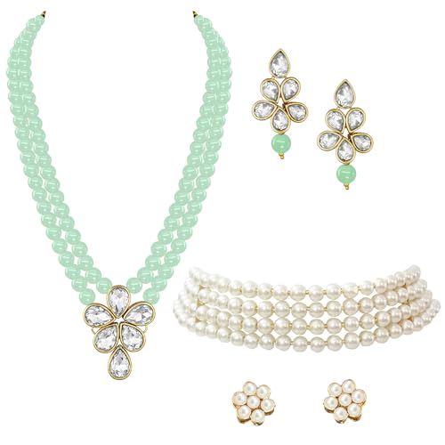 Image of Peora Crystal Faux Pearl Kundan Necklace & Jewellery Set Gift for Women