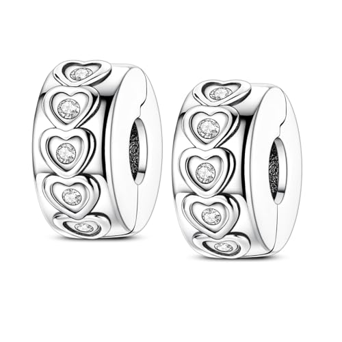 2Pcs Clip Stopper Beads Fit For Pandora Bracelet Sterling Silver Spacer Charms For Bracelets Hypoallergenic Bead Charm For Jewelry Diy Gifts For Her - Silver Heart Charm