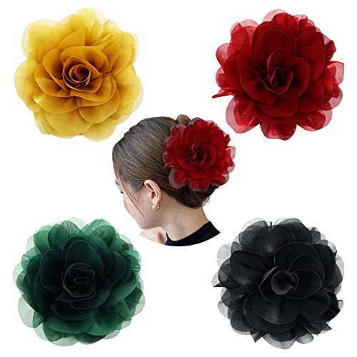 Cinaci 4 Pack Large Red Yellow Green Black Rose Flower Plastic Hair Claws Clips Big Chiffon Flower Bows Jaw Barrette Clamps Floral Ponytail Holder Bun Decorative Fancy Hair Accessories For Women Girls #TOP22