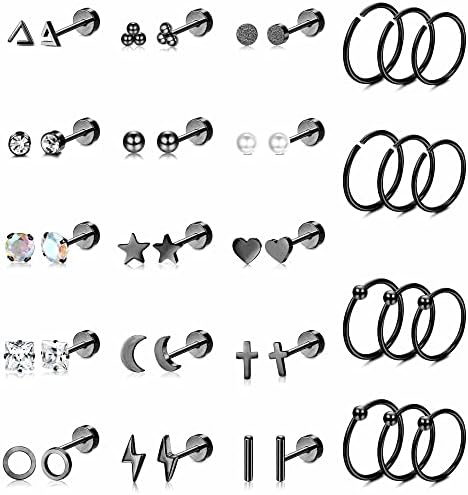 JeryWe 21 Pairs 20G Stainless Steel Tiny Stud Earrings for Women Helix Cartilage Earring Studs Hoops Screw Back Earrings Flat Back Earrings Set