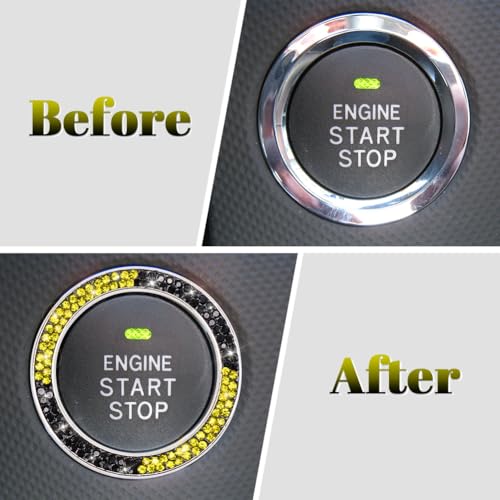 Image of ToBeQueen Bling Black Yellow Push Start Button Cover Emblem Sticker, Crystal Diamond Rhinestone Engine Start Ring Car Decor, Yellow and Black Car Accessories for Women