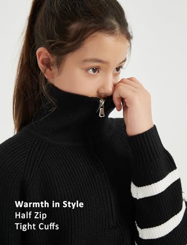 EXARUS Girls Striped/Solid Sweaters Relaxed Fit Kids Quarter Zip Casual Warm Long Sleeve Knit Tops Teen 6-12Y3